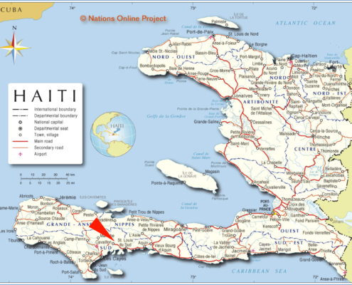 Map of Haiti with red arrow